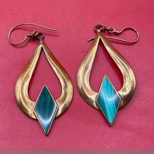 Women’s Earrings Gold Tone Green Faux Turquoise Dangle Pierced 1 1/2”